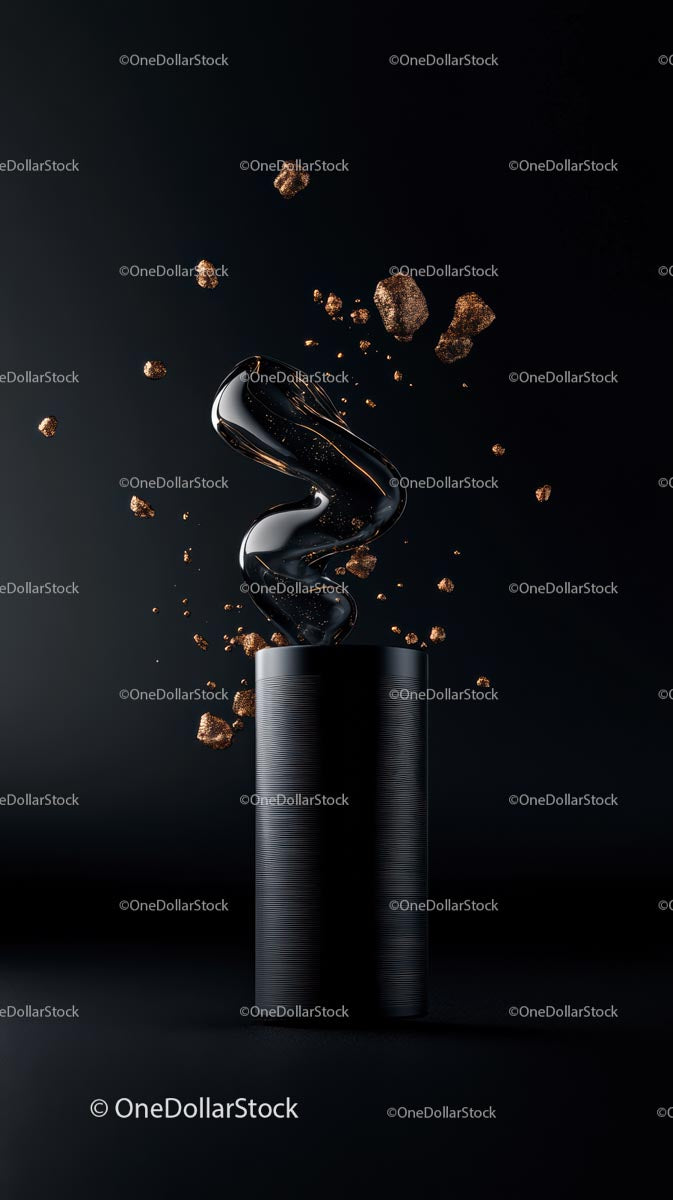 Luxury Perfume Bottle with Gold Sparkles and Metallic Swirl in Dark Background