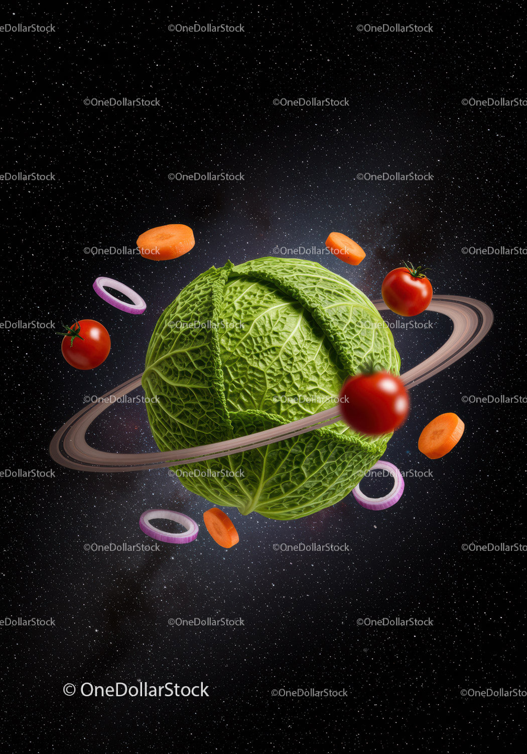 Cabbage Planet with Floating Fresh Vegetable Rings