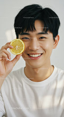 Young Man Smiling with Lemon in Bright Casual Portrait