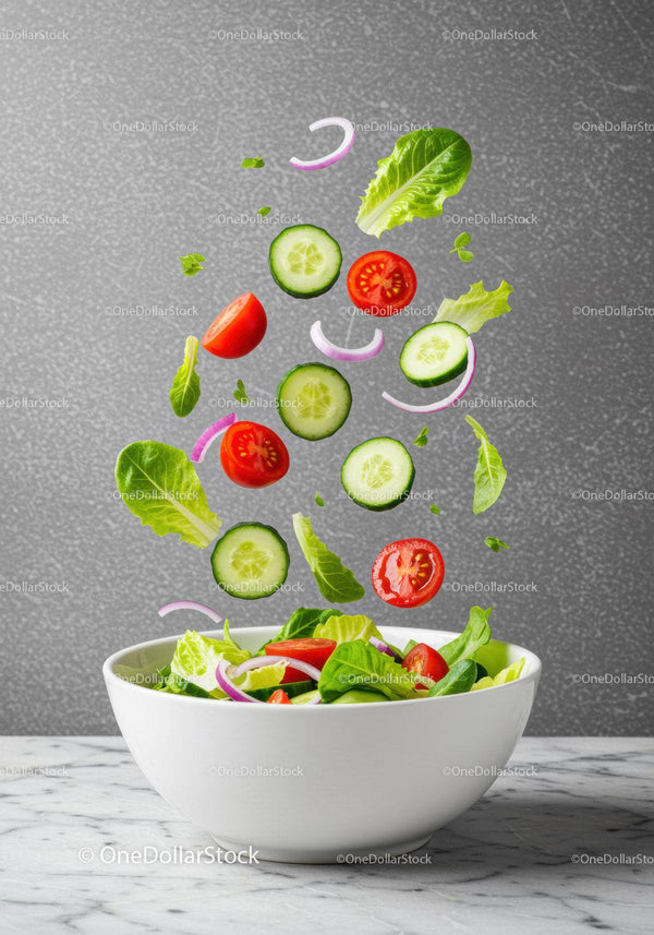 Fresh vegetables falling into white bowl salad