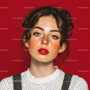 Portrait of a Young Woman with Freckles and Red Lipstick