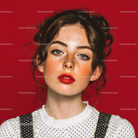 Portrait of a Young Woman with Freckles and Red Lipstick
