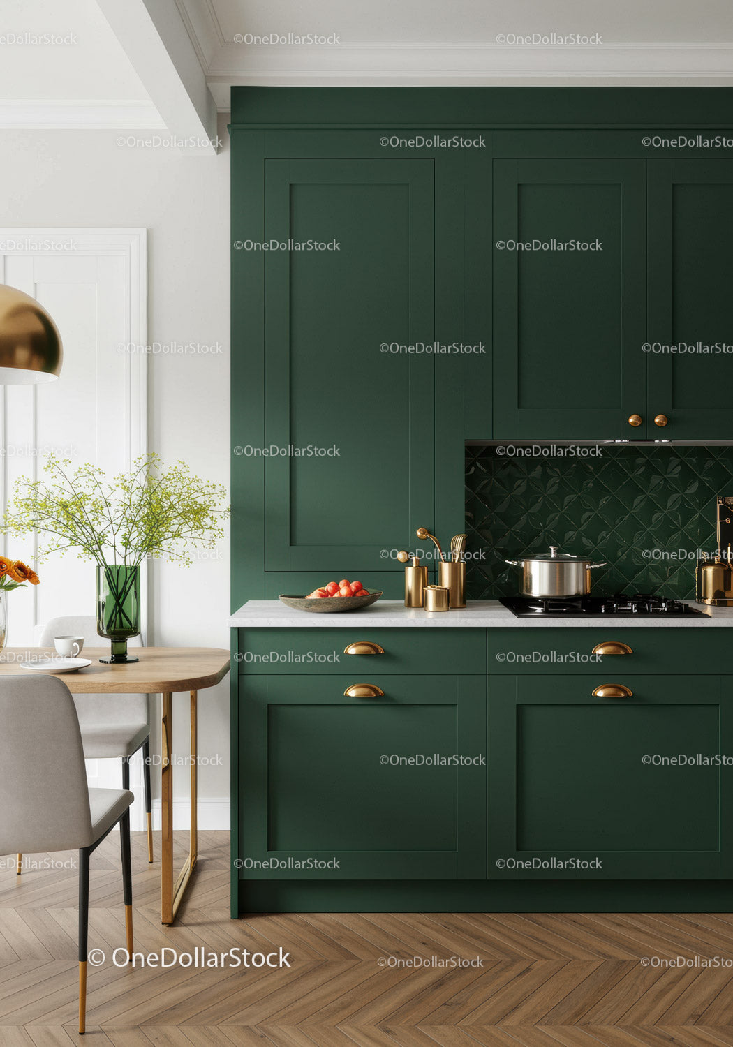 Elegant Green Kitchen with Gold Accents and Wooden Flooring