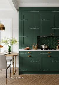 Elegant Green Kitchen with Gold Accents and Wooden Flooring