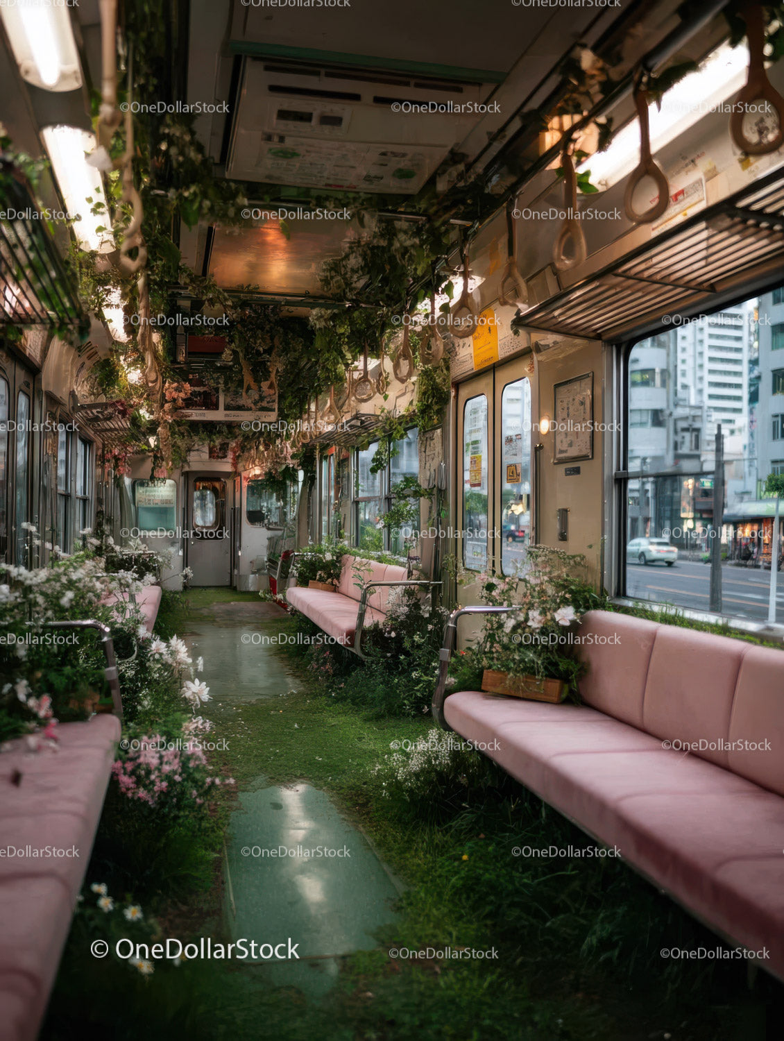 Wnętrze zabytkowego tramwaju z różowymi ławkami i zielenią dla transportu miejskiego