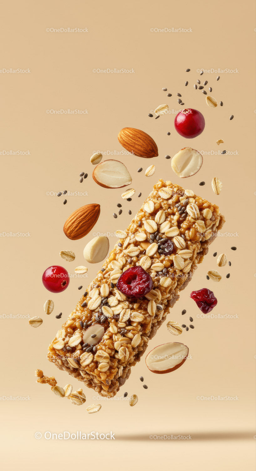 Batonik granola z orzechami i jagodami w powietrzu