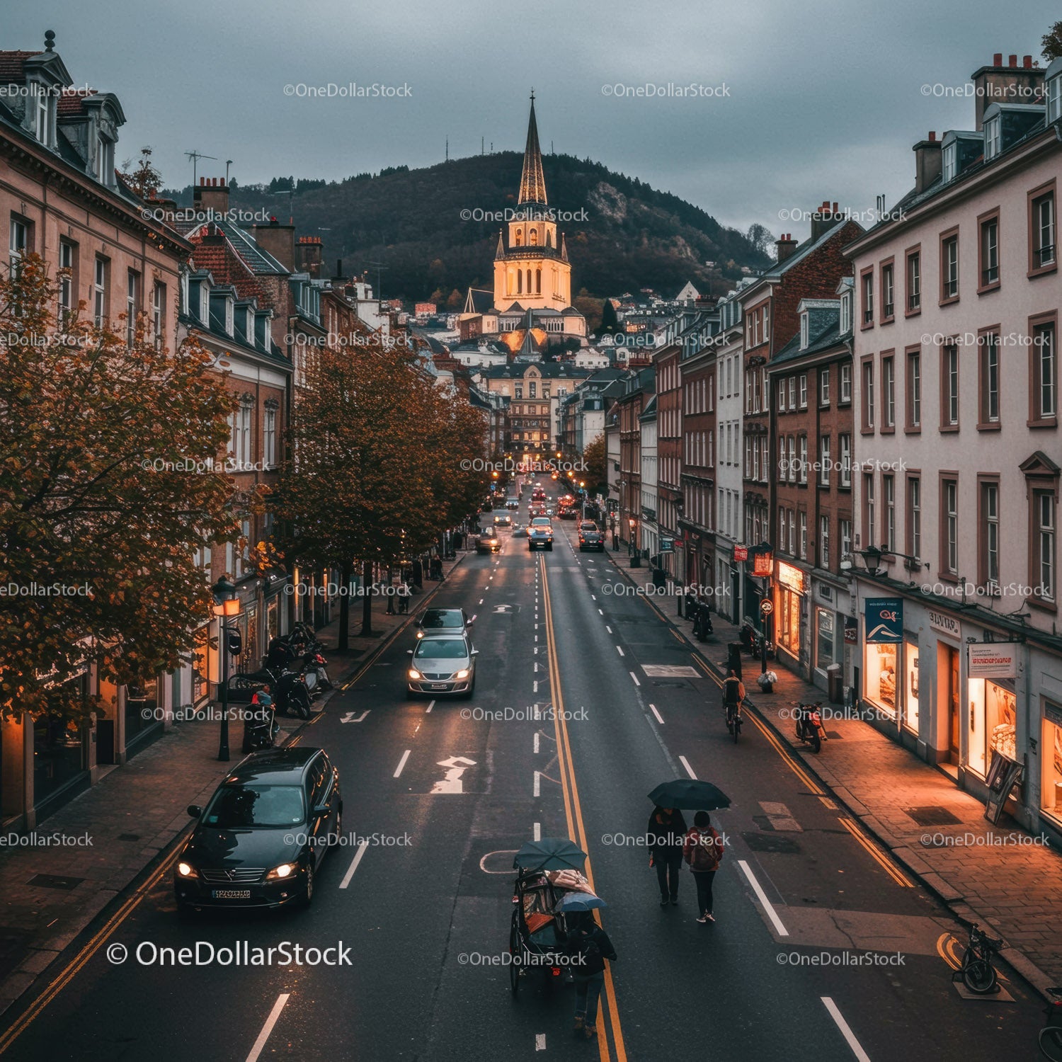 Charming European City Street with Historic Church and Twilight Atmosphere