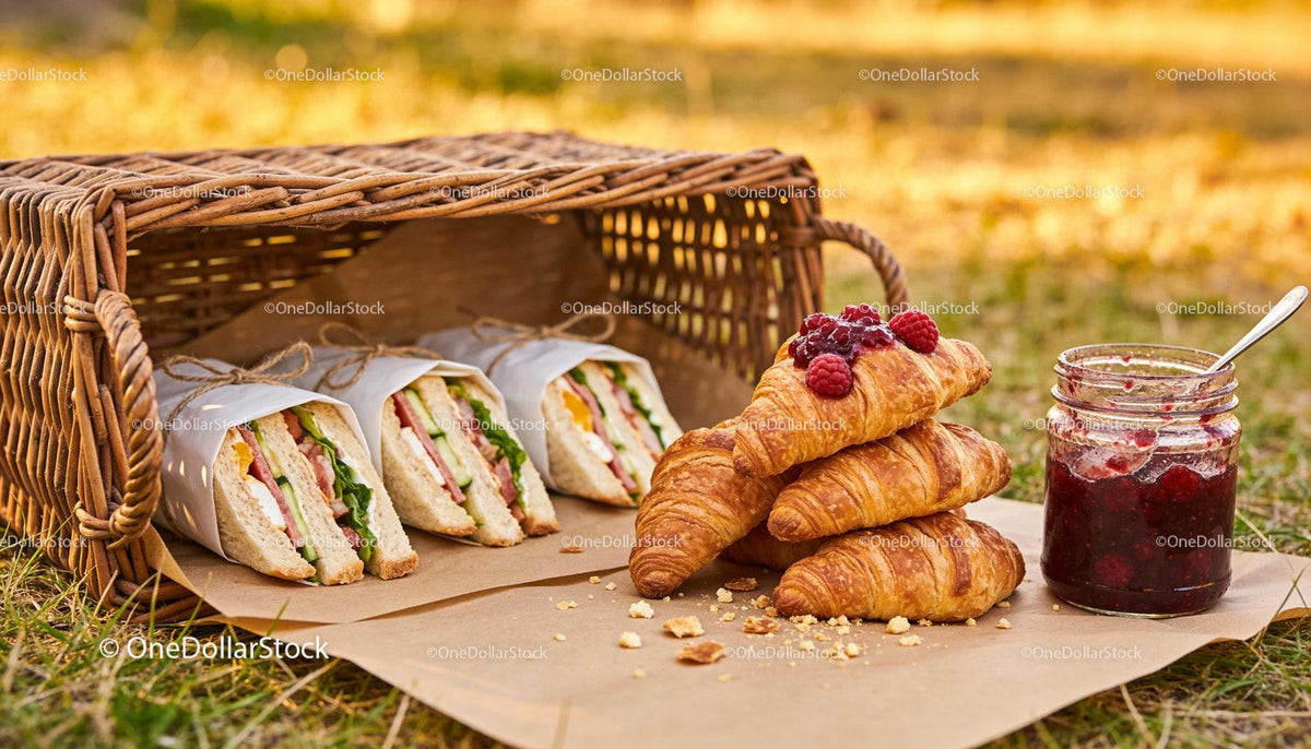 Fresh sandwiches and croissants with berry jam on grass