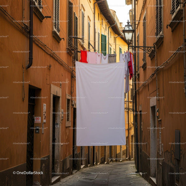 Narrow alley with clothes hanging between old buildings JPG Mockup Image