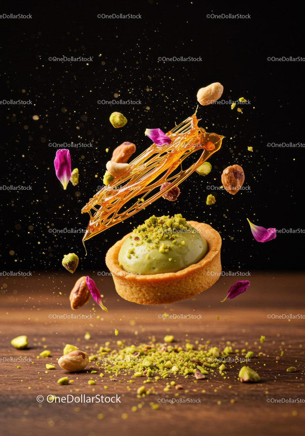 Pistachio tart with caramel shards and flower petals