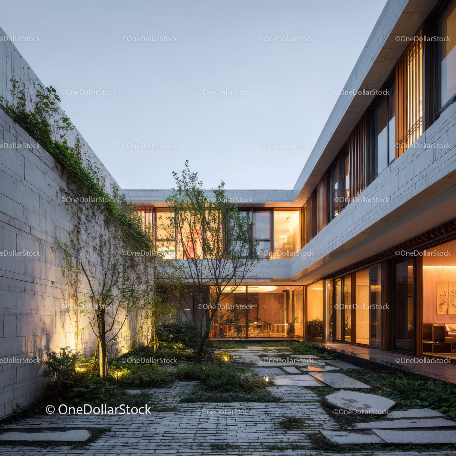 Contemporary Modern House with Illuminated Courtyard and Greenery