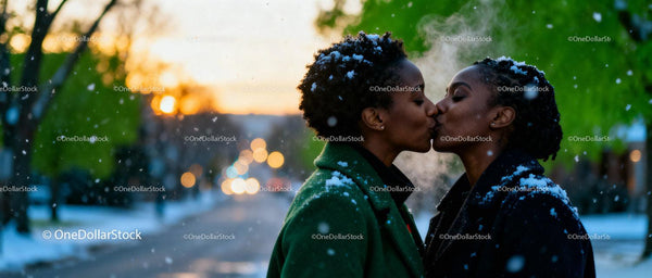 Loving lesbian couple sharing a tender kiss in winter