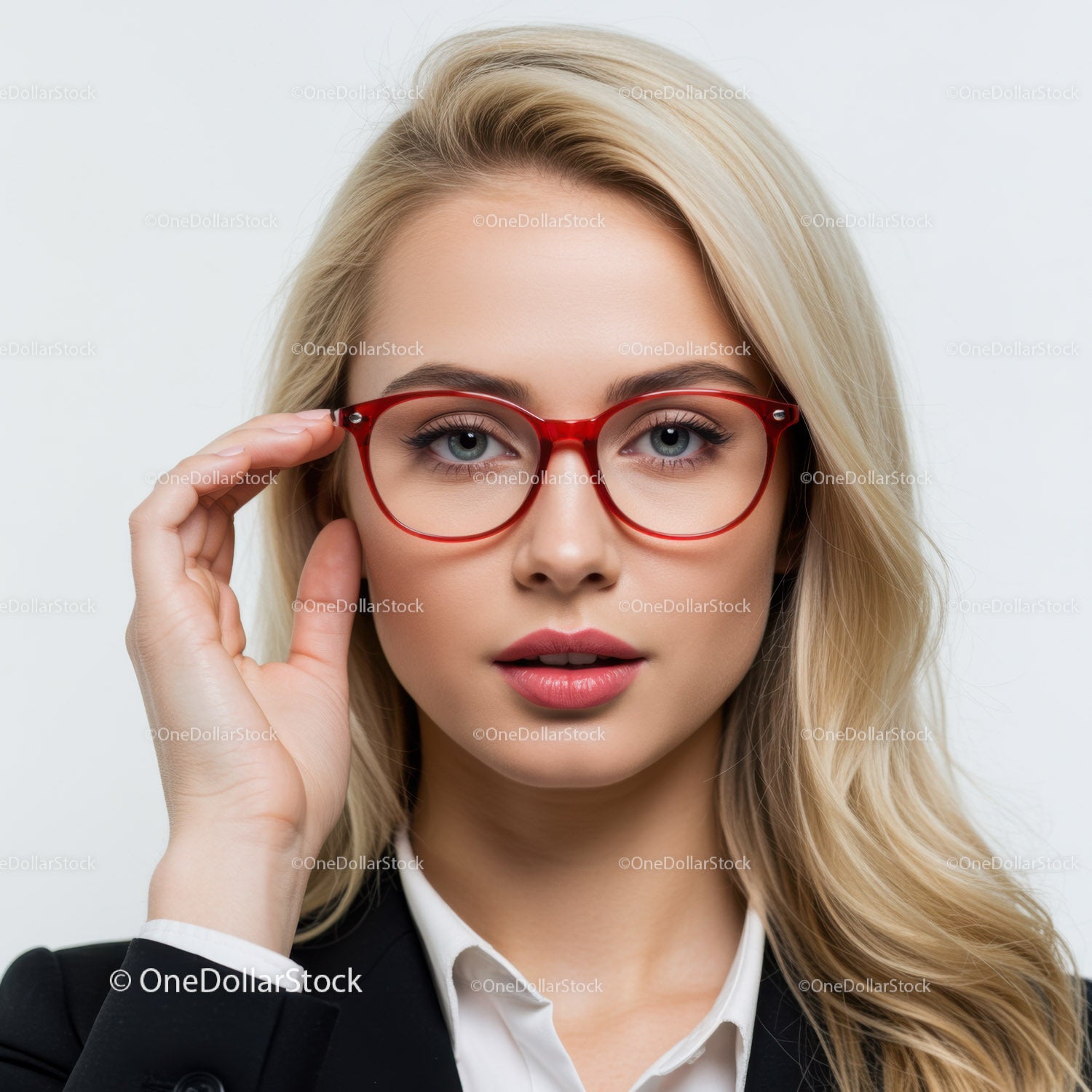 Stylish Blond Woman Wearing Red Glasses in Bright Studio