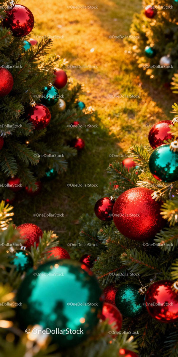 Christmas Trees Decorated with Colorful Baubles Outdoors