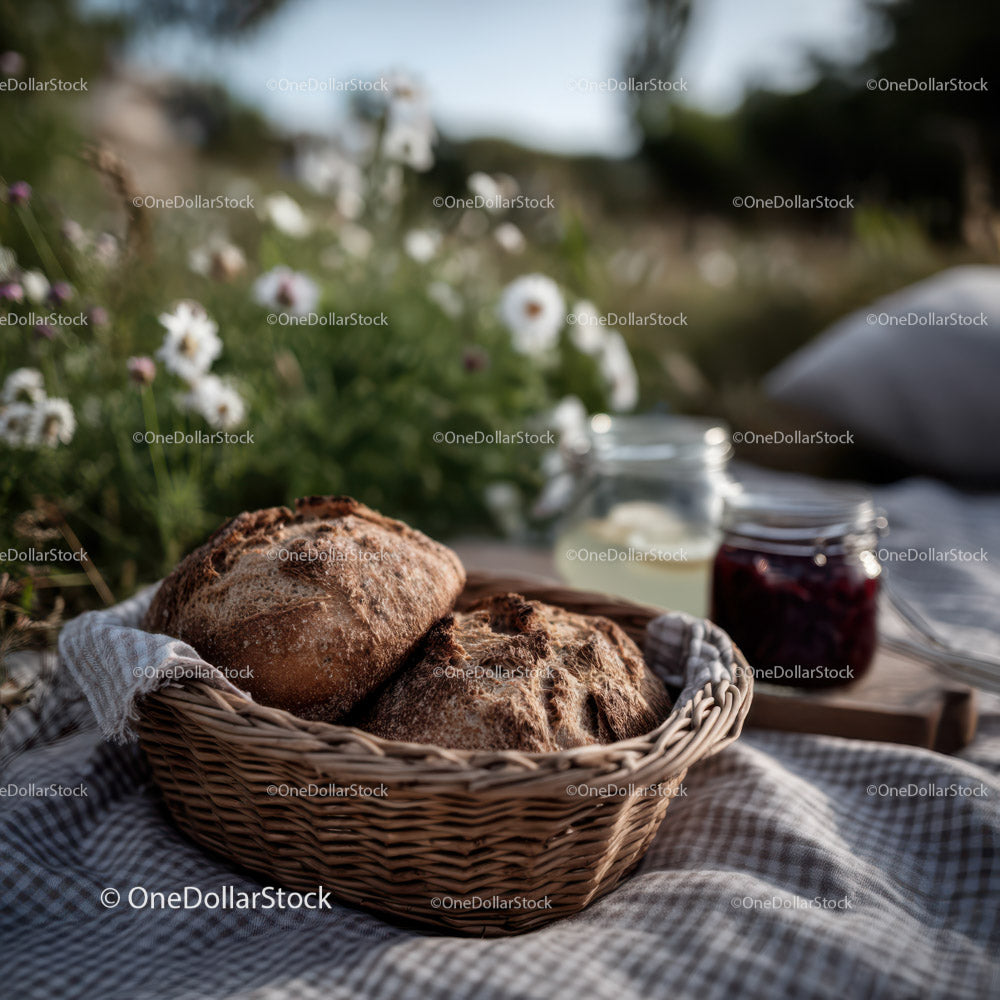 Rustic Bread Basket with Milk Jars and Daisy Flowers in Outdoor Setting
