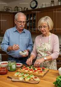 Senior couple preparing colorful appetizers in cozy kitchen