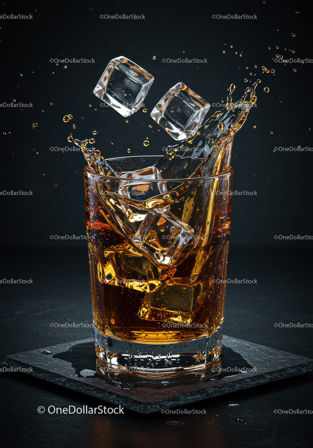 Whiskey Splash with Ice Cubes in Glass on Black