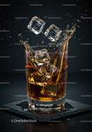 Whiskey Splash with Ice Cubes in Glass on Black