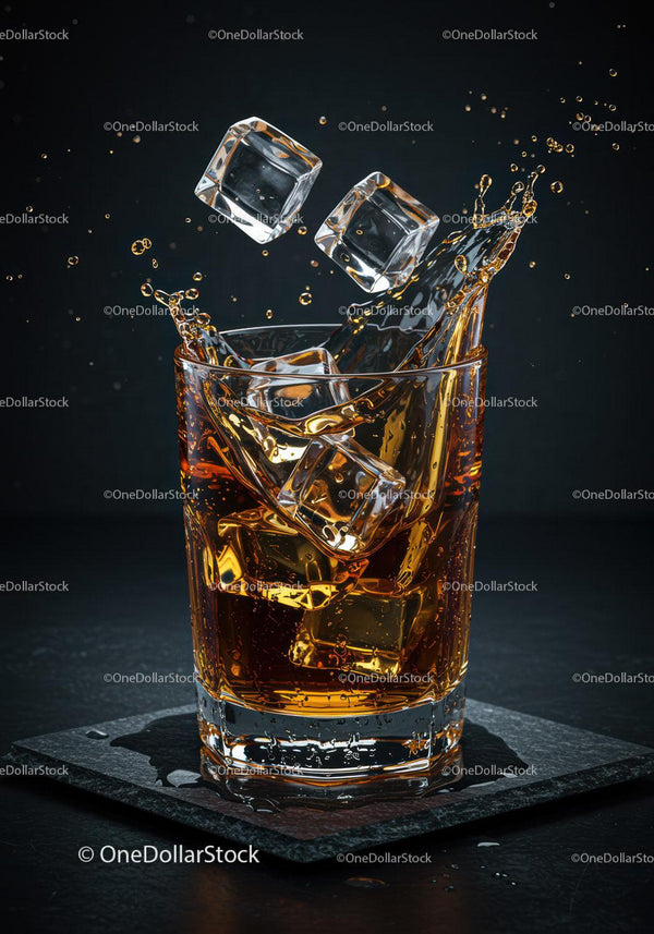 Whiskey Splash with Ice Cubes in Glass on Black