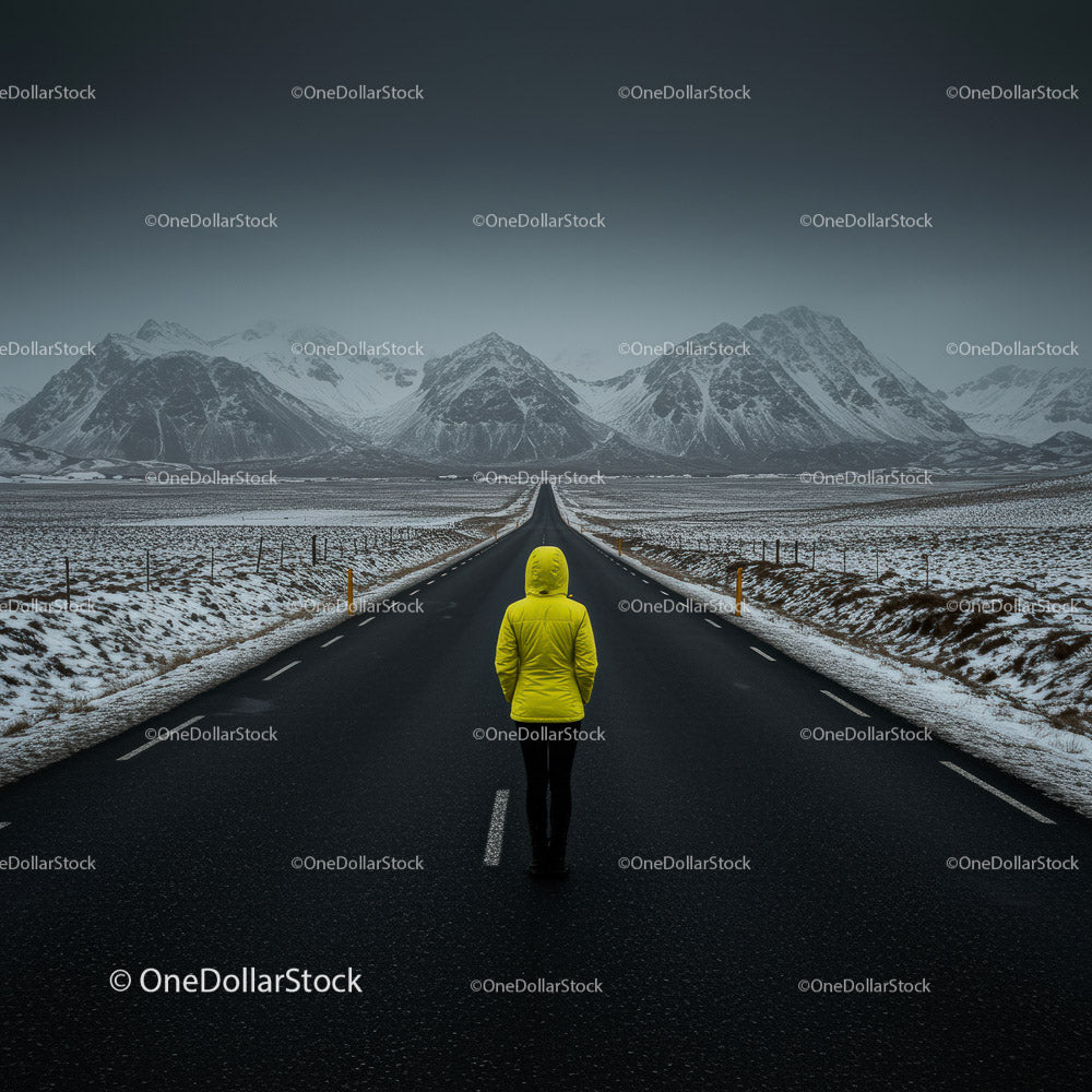 Lonely Traveler in Yellow Jacket on Snow-Covered Road