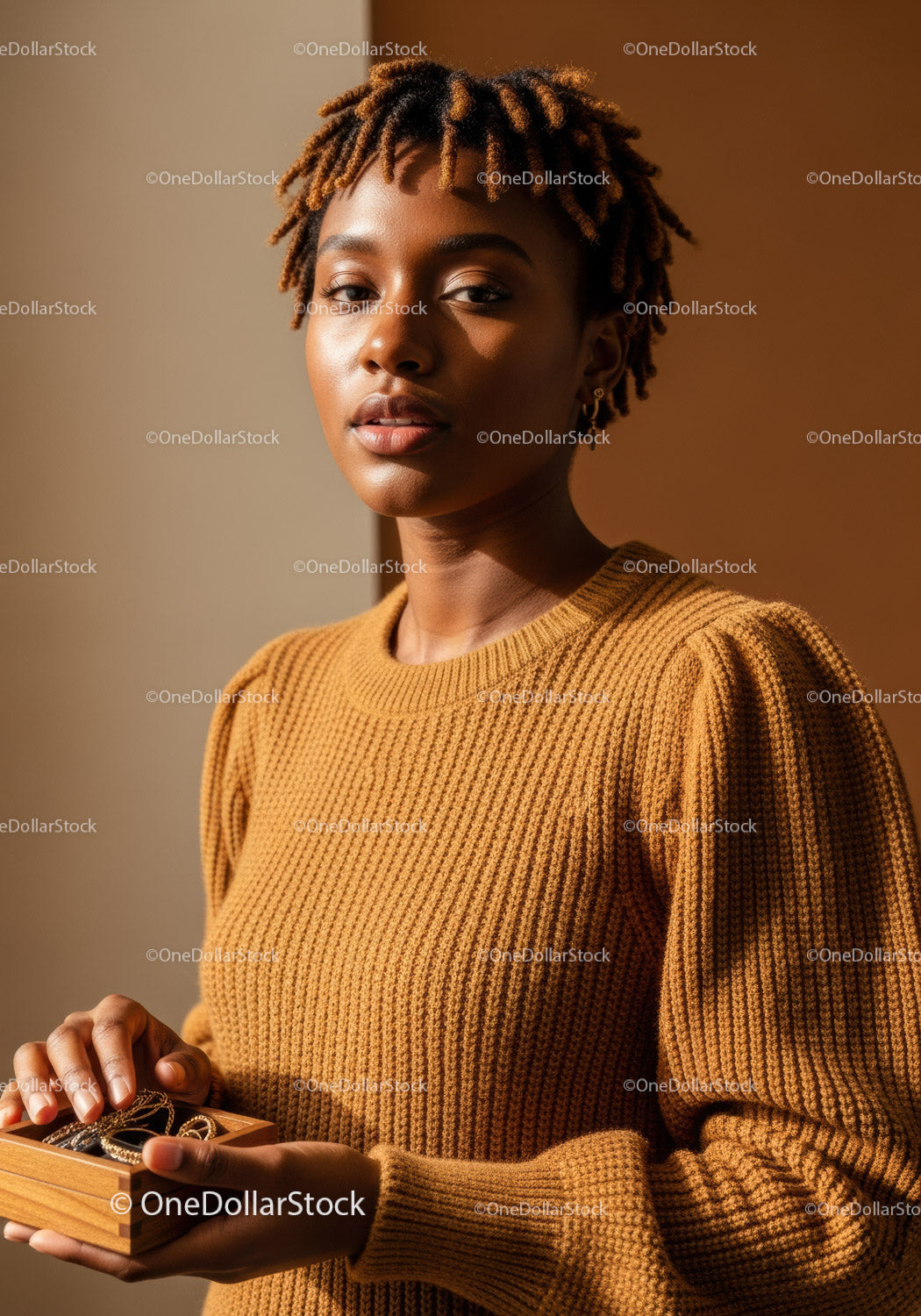 Elegant Woman Wearing Gold Jewelry Holding Jewelry Box