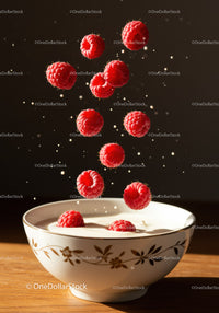 Fresh raspberries falling into creamy bowl on wood