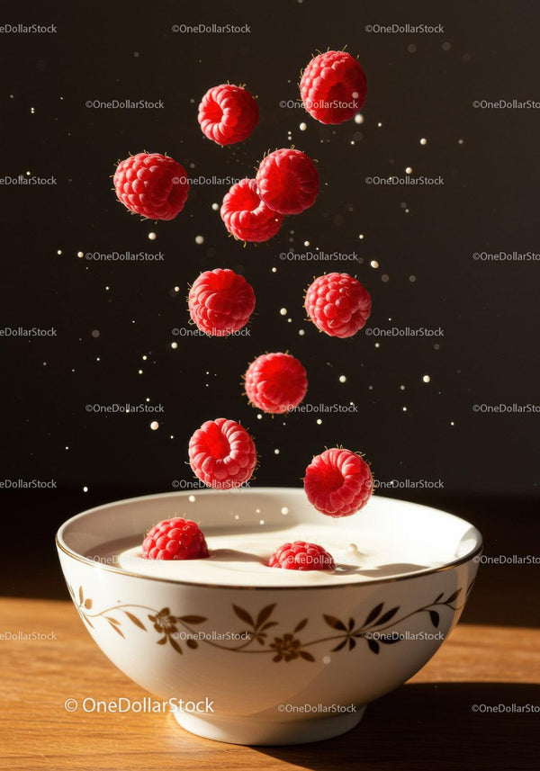 Fresh raspberries falling into creamy bowl on wood