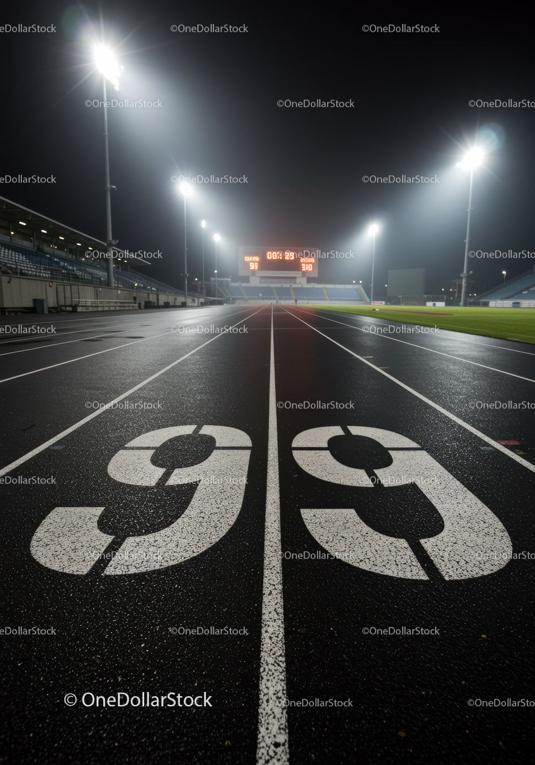 Nighttime running track with illuminated stadium scoreboard