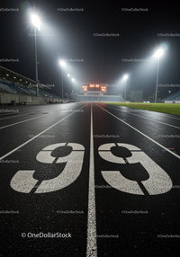 Nighttime running track with illuminated stadium scoreboard