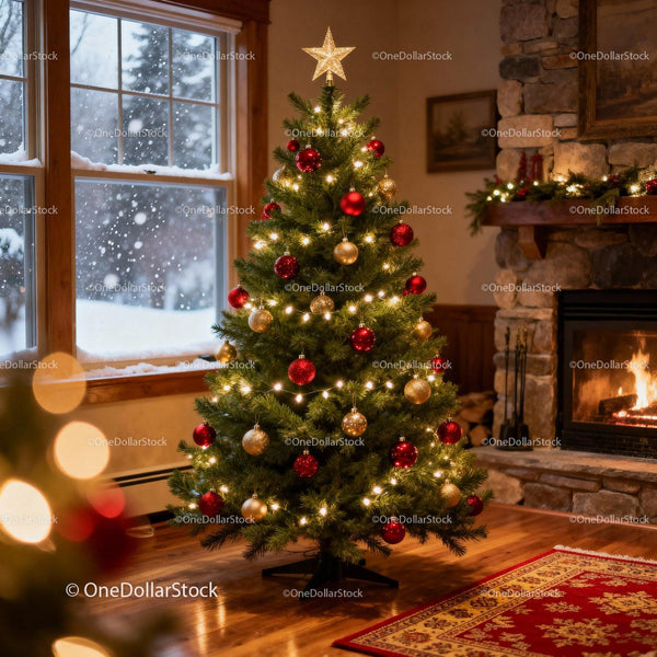 Cozy Christmas Tree with Lights Beside Stone Fireplace