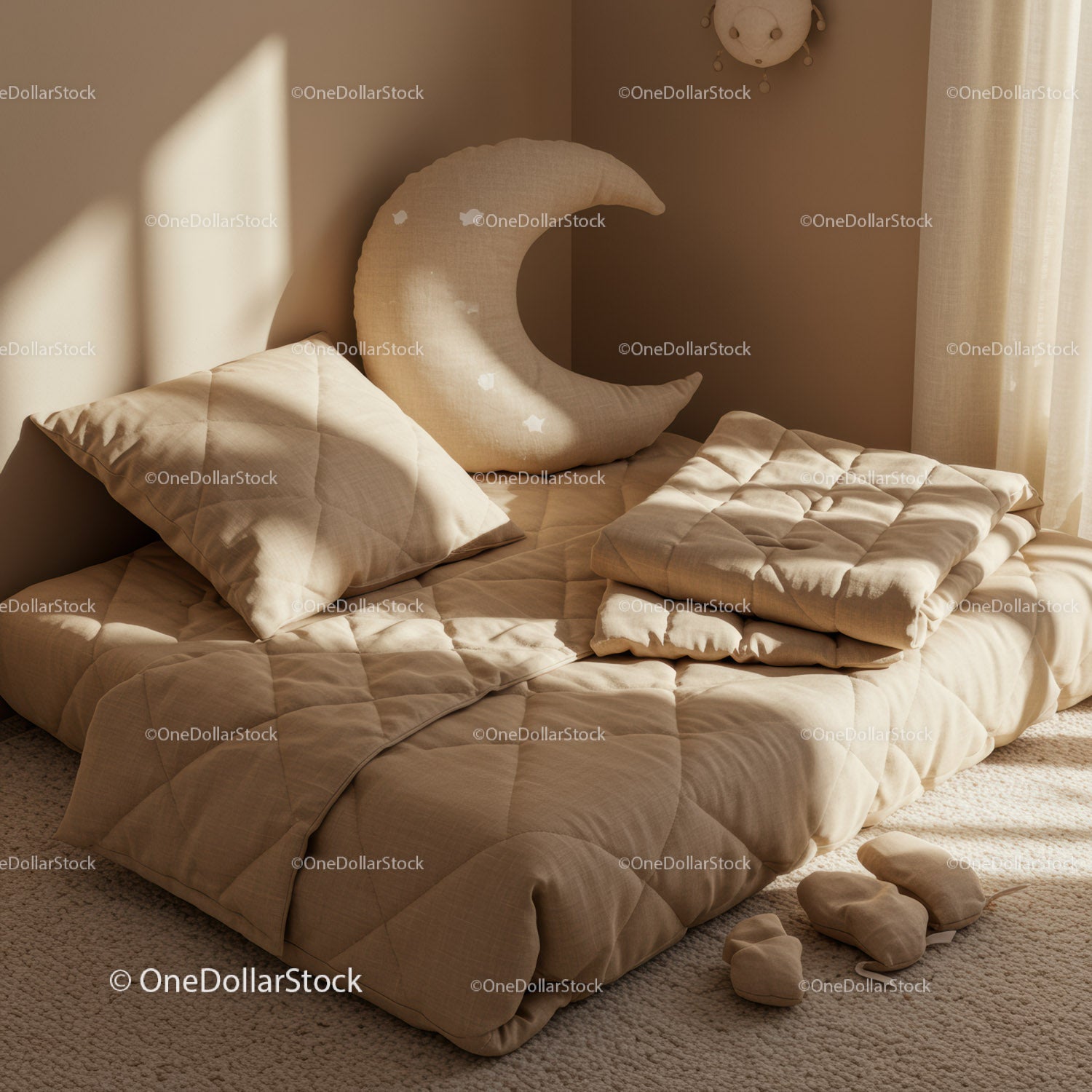 Cozy beige bedroom nook with plush moon pillow