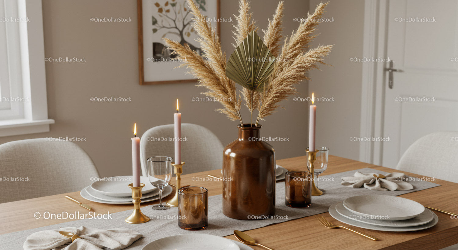 Elegant Dining Table with Pampas Grass and Candles Interior Decor