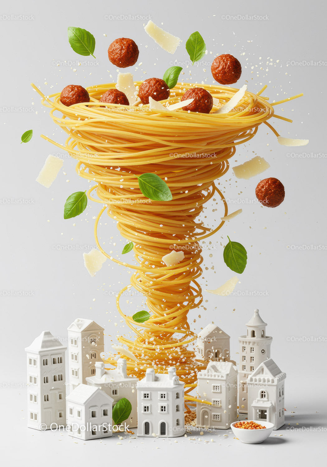 Spaghetti Tornado with Meatballs and Basil over Miniature City
