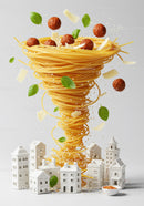 Spaghetti Tornado with Meatballs and Basil over Miniature City