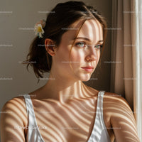 Young Woman Portrait with Sunlight Shadow Play and Blue Eyes