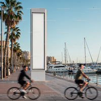Cyclists riding along sunny coastal promenade with yachts