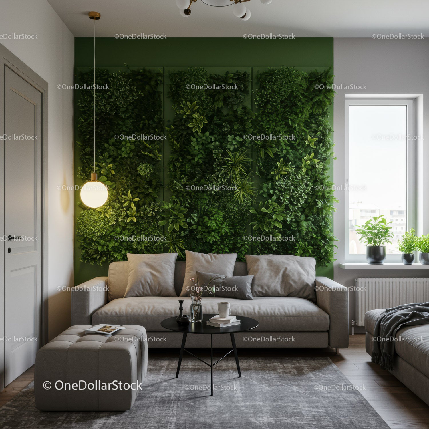 Nowoczesny salon z zieloną ścianą roślinną i wygodną sofą