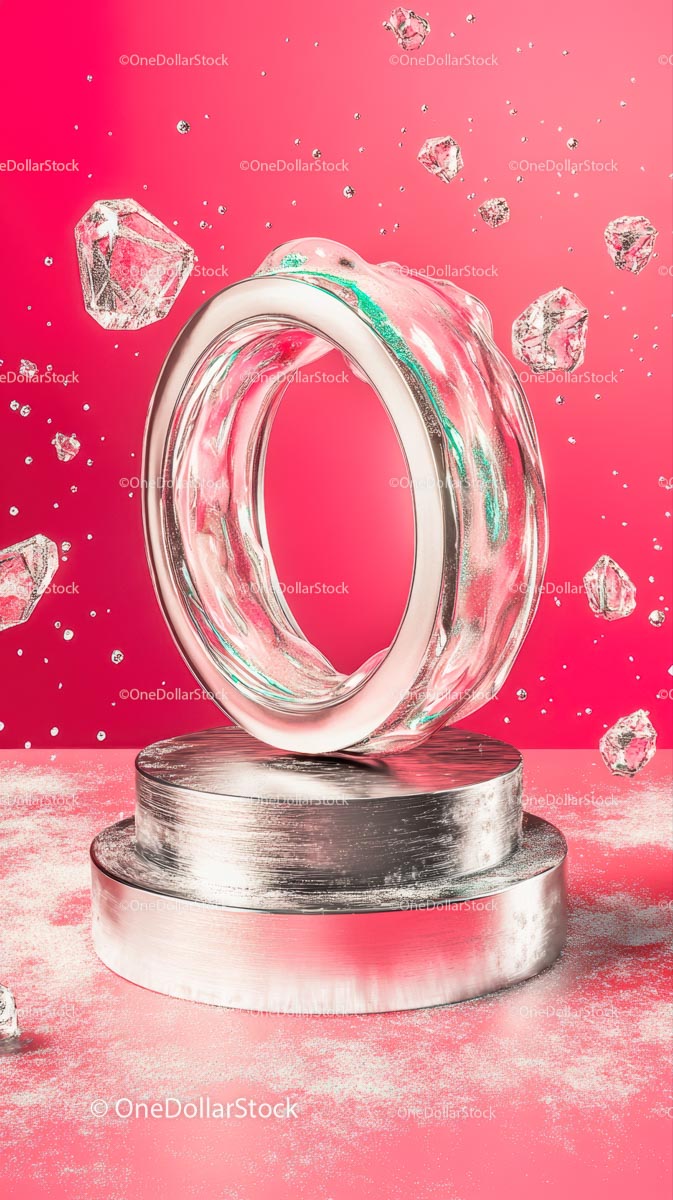Modern Glass Number Zero Sculpture with Floating Crystals on Pink Background