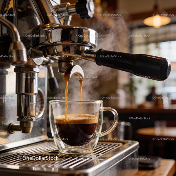 Fresh espresso pouring from professional machine into glass cup