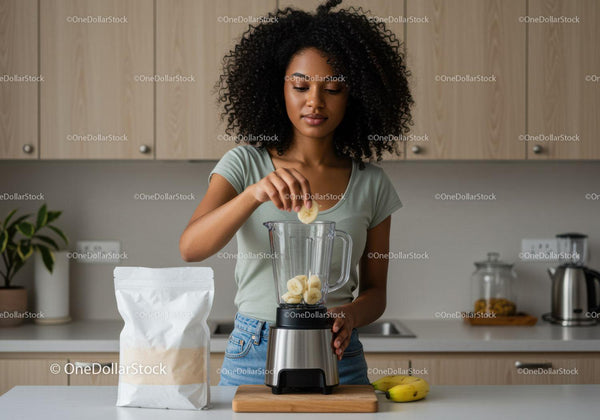 Woman Preparing Healthy Fruit Smoothie in Modern Kitchen JPG Mockup Image