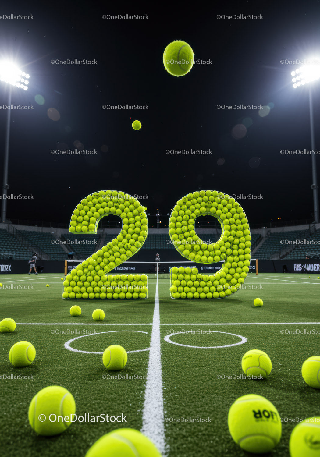 Night tennis court with glowing tennis ball numbers