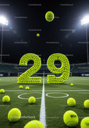 Night tennis court with glowing tennis ball numbers