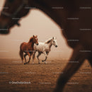 Majestic Herd of Brown Horses Running in Sunset Landscape