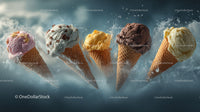 Colorful Ice Cream Scoops in Waffle Cones Splashing Water