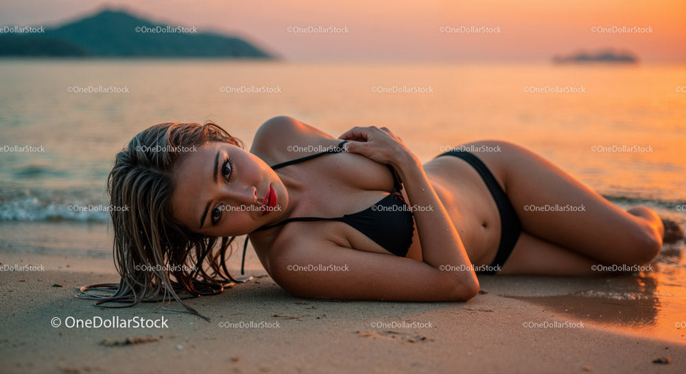 Seksowna kobieta w czarnym bikini leżąca na plaży o zachodzie słońca