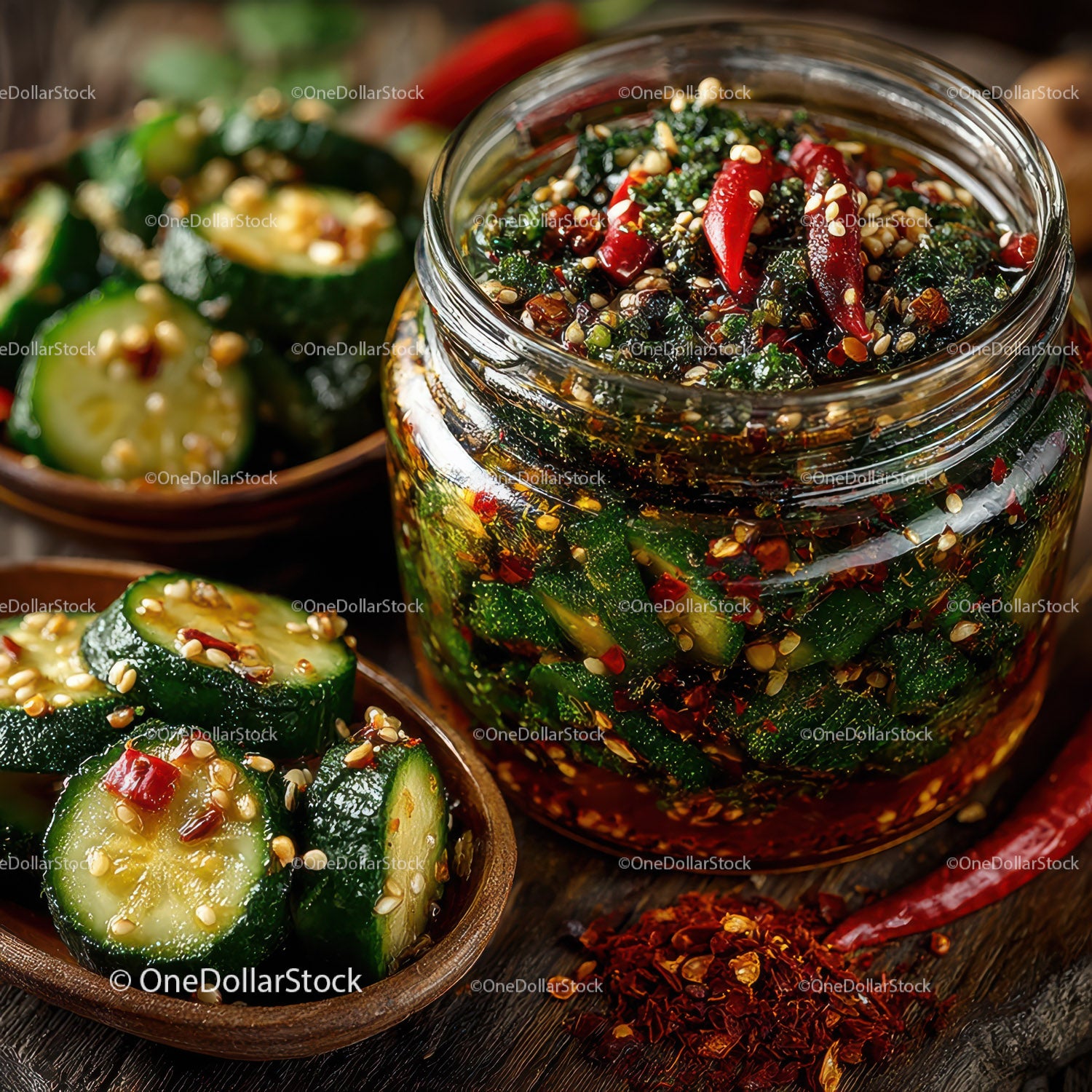Vibrant Spicy Cucumber Kimchi in Glass Jar with Fresh Vegetables