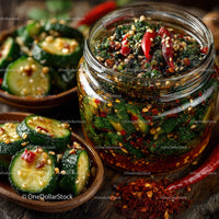 Vibrant Spicy Cucumber Kimchi in Glass Jar with Fresh Vegetables