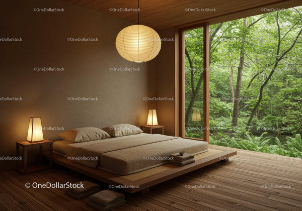 Minimalist bedroom with large window overlooking forest
