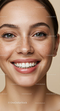 Close up of smiling young woman with natural freckles