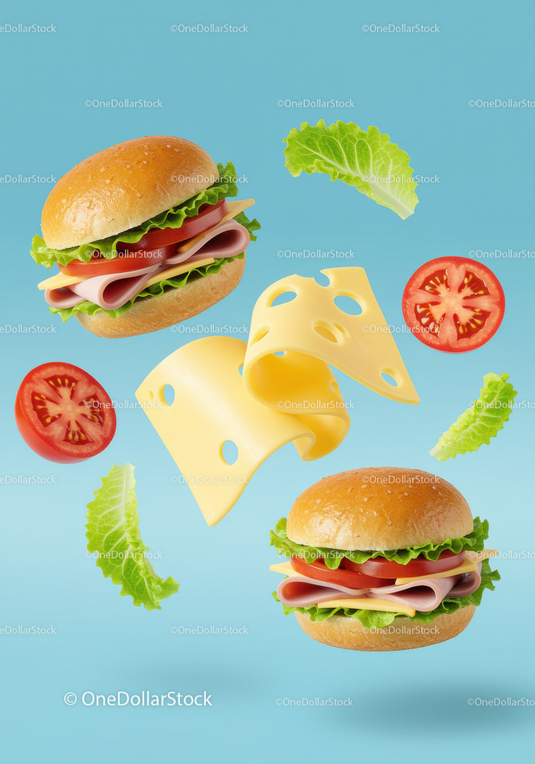 Fresh Ham and Cheese Sandwiches with Lettuce and Tomato